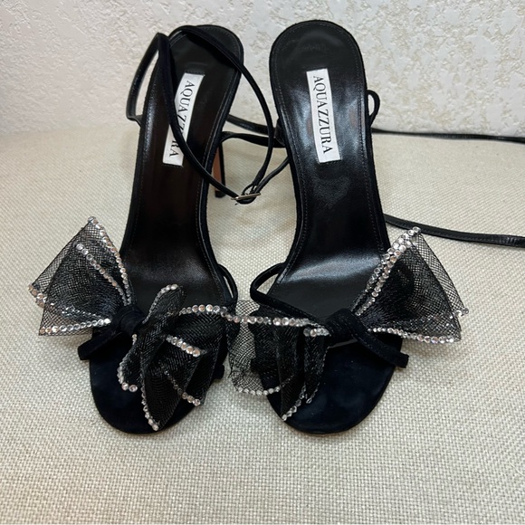 AQUAZZURA Reve Embellished Black Suede Evening High Heel Sandals Bow size 38.5 - Picture 5 of 16